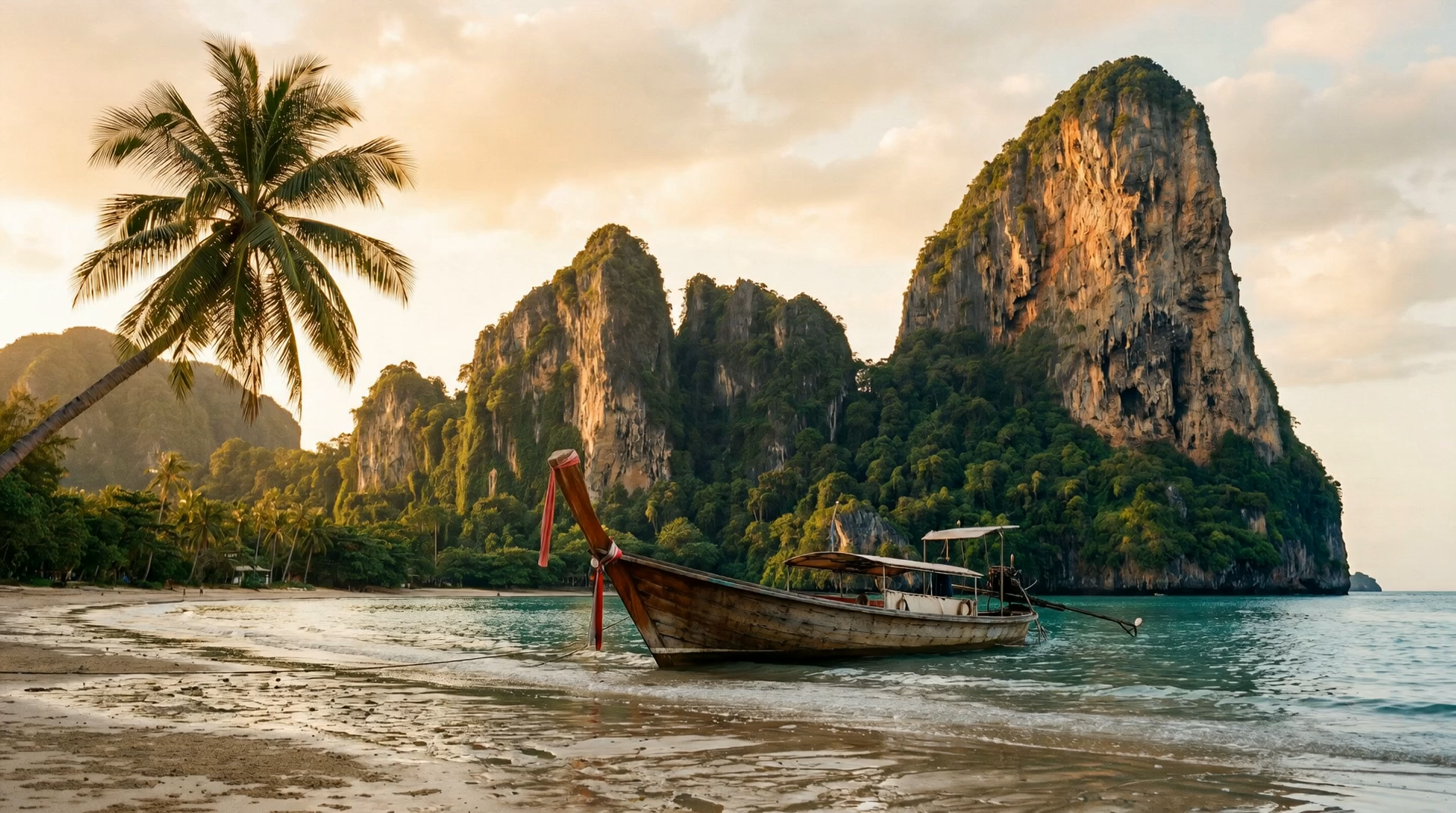 Longtail boat moored on a white sand beach with towering limestone karst cliffs at golden hour — Travellist, curated travel.